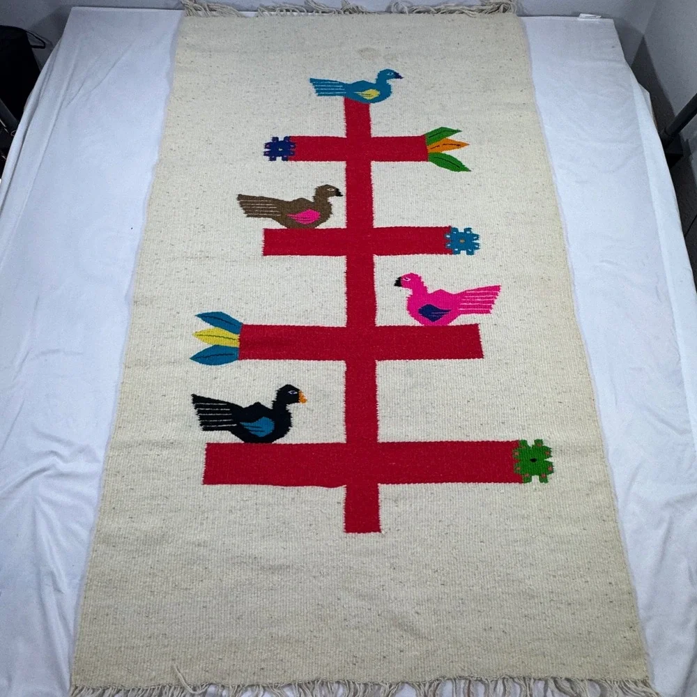 Vintage Mexican Zapotec Wool Rug Tree of Life Bird Folk Art Wall Hanging 29x50